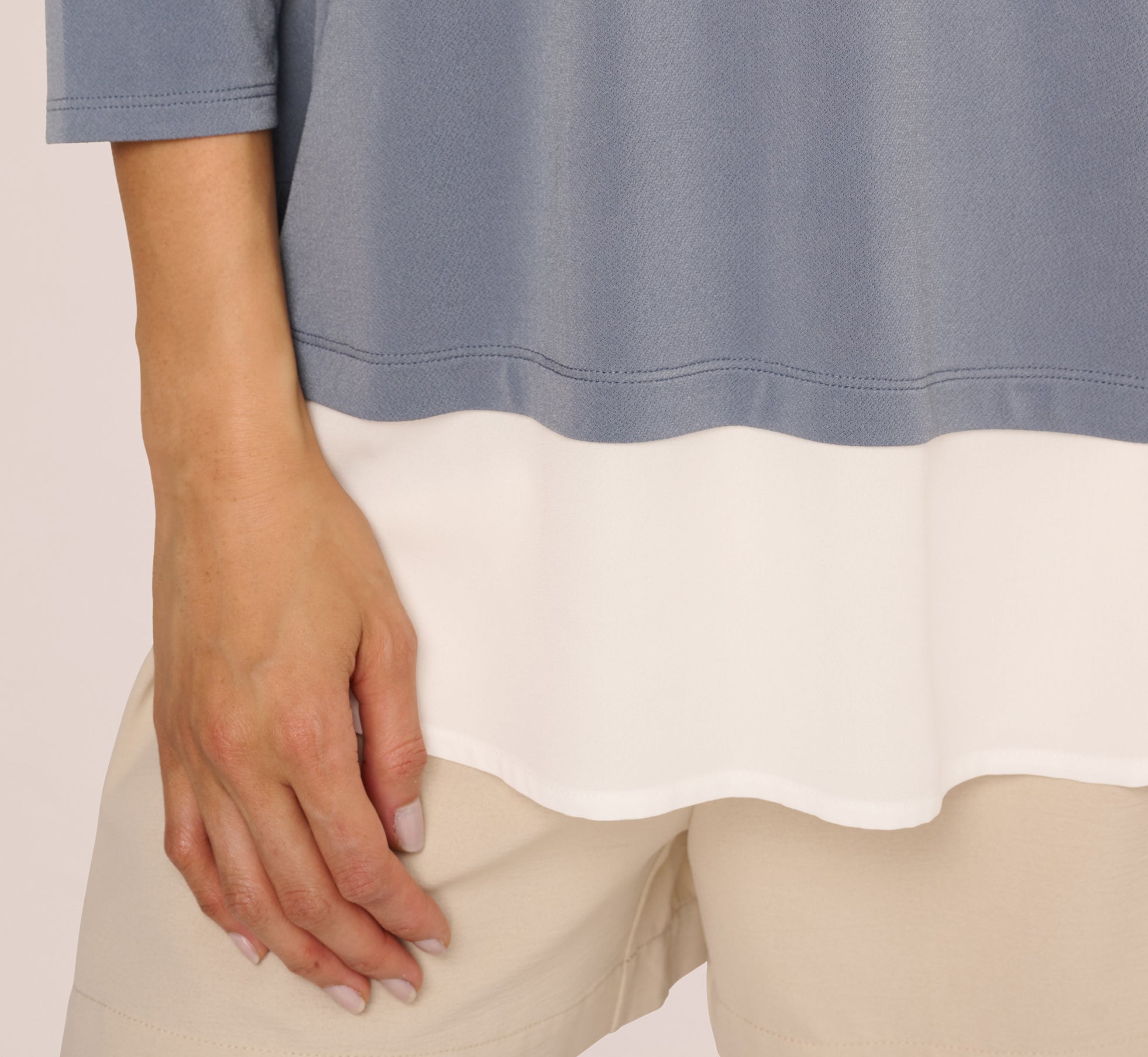 Three Quarter Sleeve Collared Twofer Sweater In Dusty Blue Ivory、mySite、solidvoid