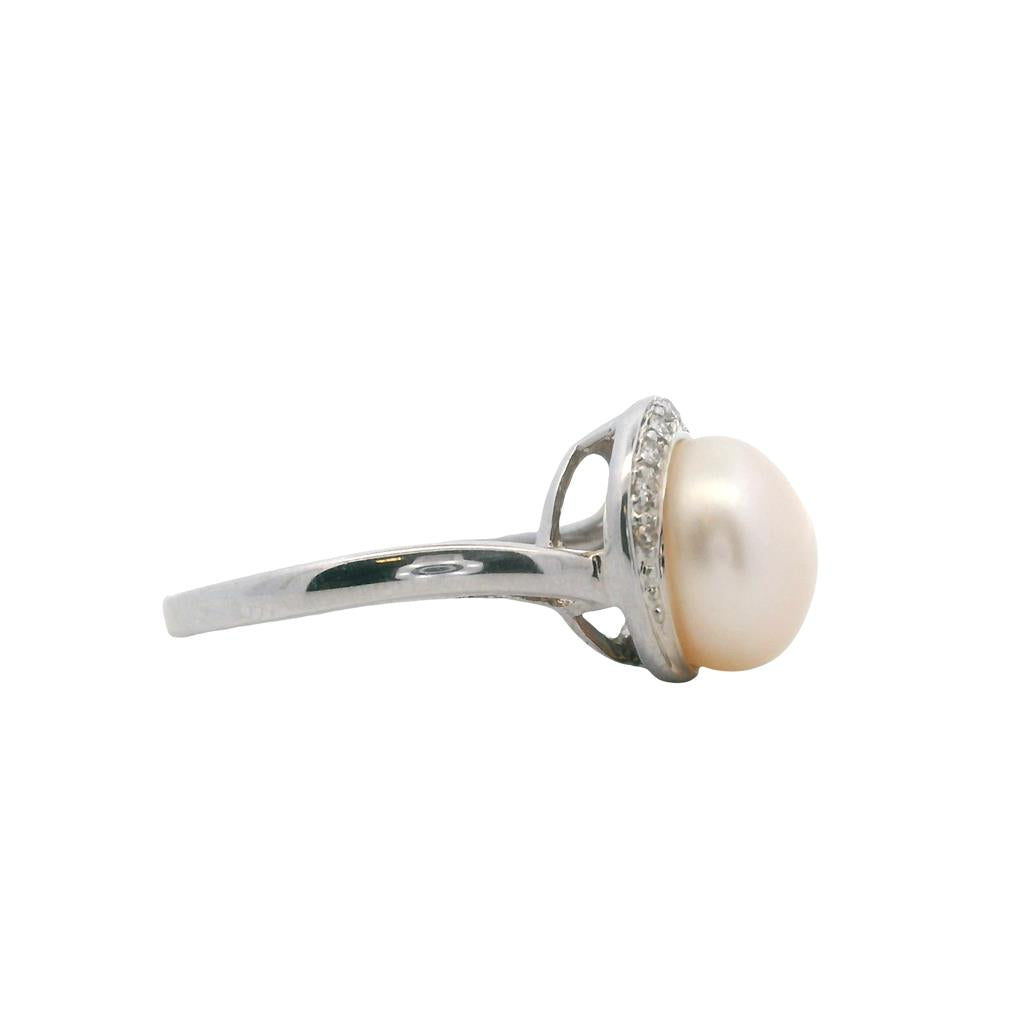 Estate 10K White Gold 9mm Freshwater Pearl & Diamond Bypass Ring、mySite、botmansion