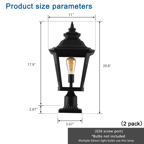 21"(H) 2-Pack Outdoor Post Lantern Light – Vintage Black Metal & Clear Glass Pillar Lamp for Garden, Gate, Driveway, and Pathway Lighting with Elegant Design (Bulb Not Included)、、eastwooduniform