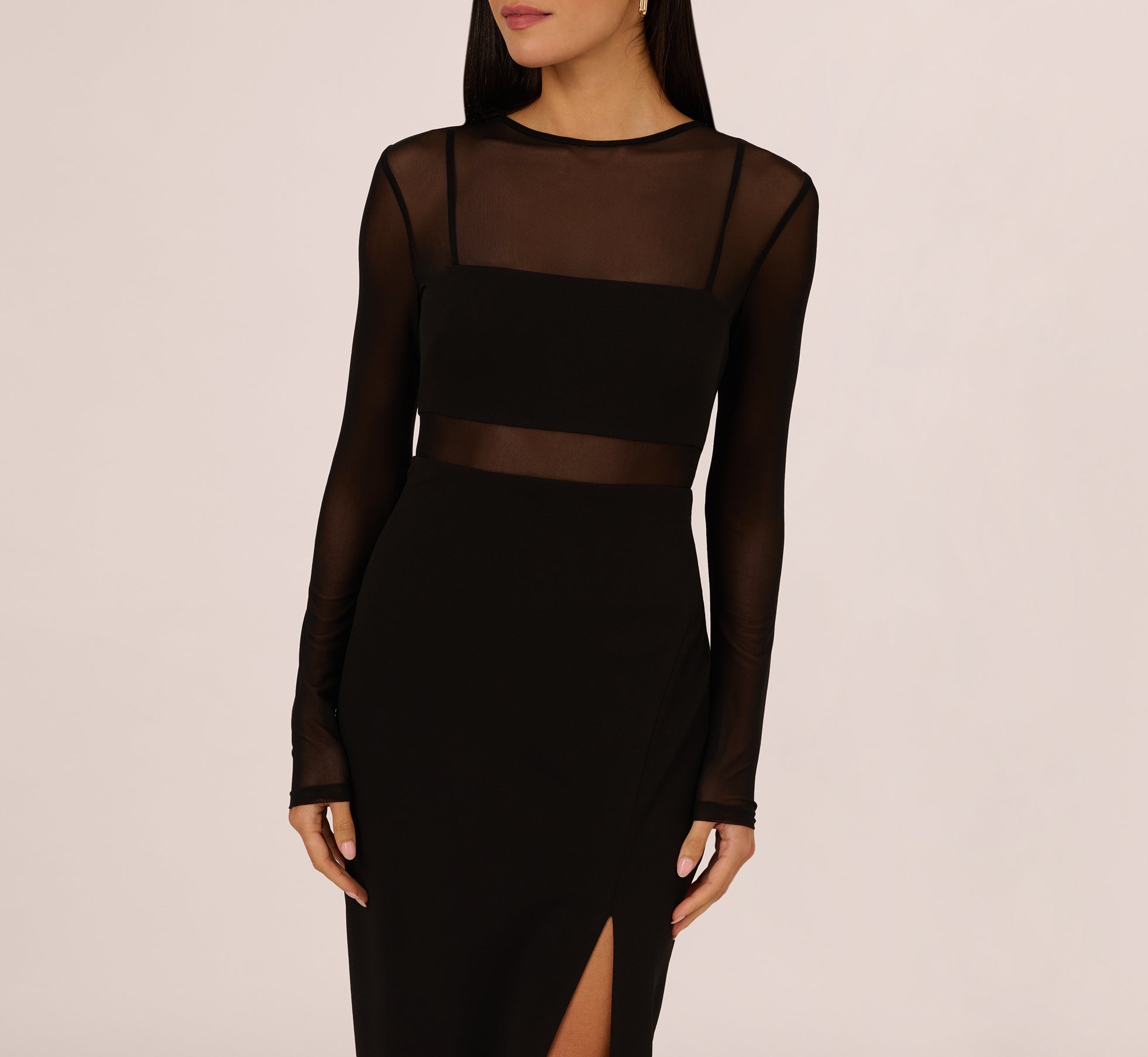 Long Sleeve Knit Crepe Mesh Illusion Column Dress In Black、mySite、solidvoid