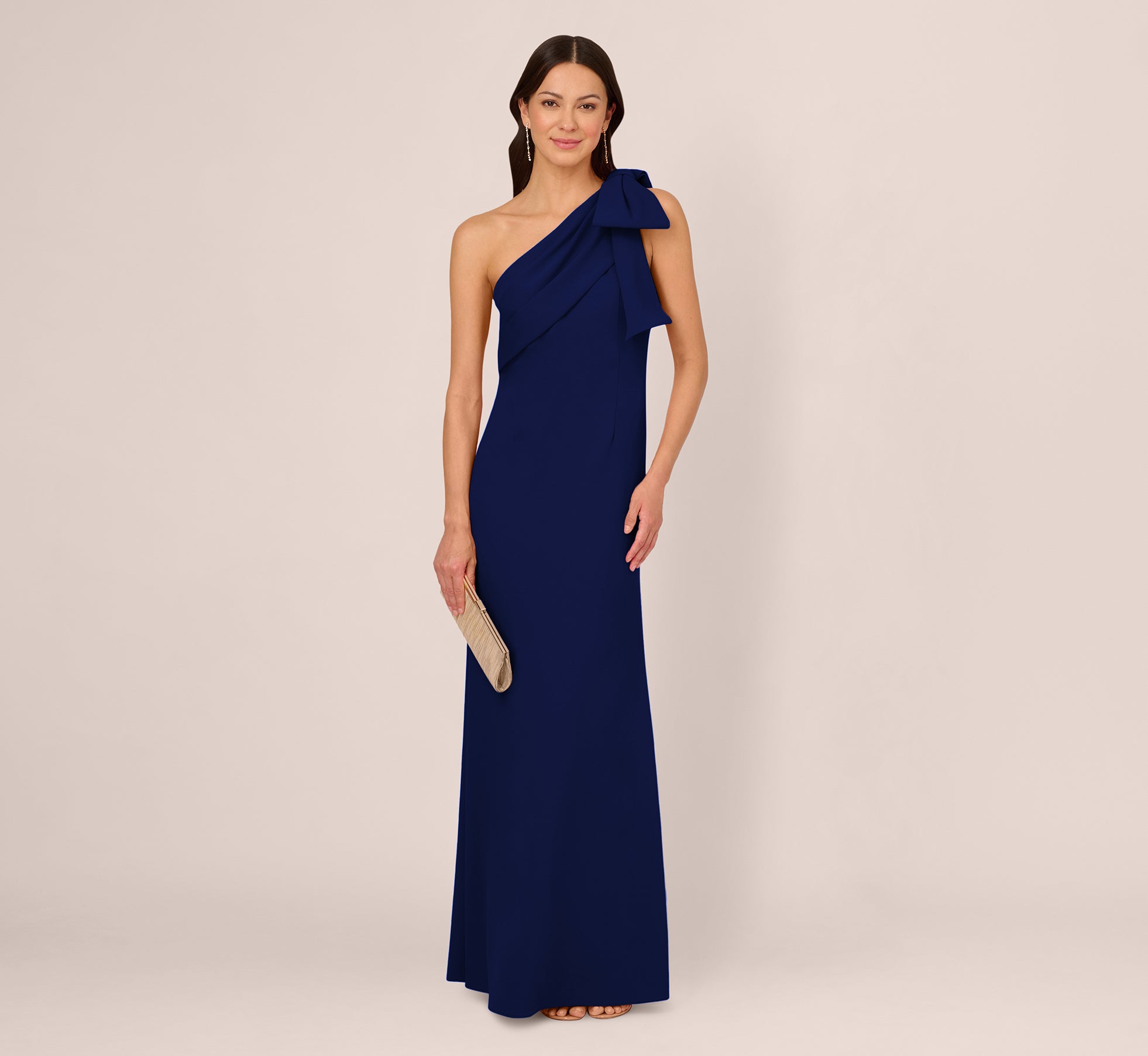 Stretch Crepe One Shoulder Mermaid Gown With Bow Accent In Navy Sateen、mySite、solidvoid