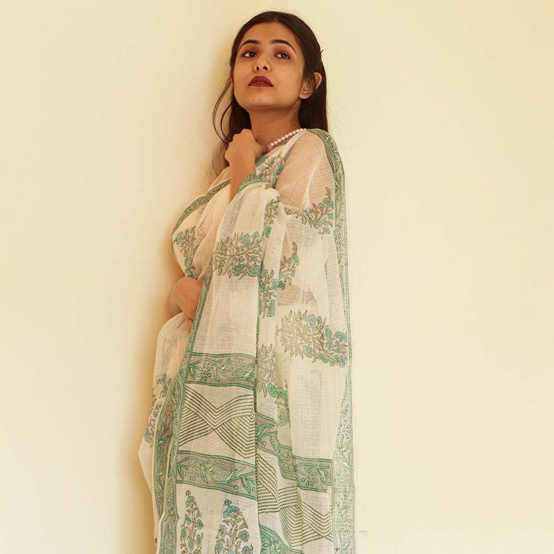 Festive Wear | Handblock Printed Kota Doria Saree | White、mySite、camillekostekn