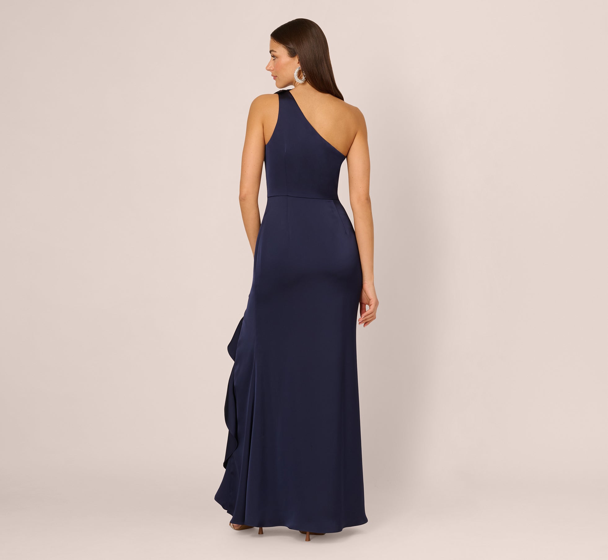 One Shoulder Satin Floral Applique Gown In Dark Navy、mySite、solidvoid