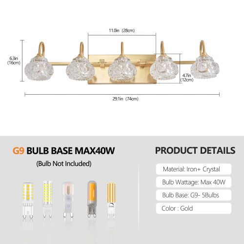 29" Nickel Finish Vintage Crystal Vanity Light - Elegant 5-Light Bathroom Mirror Fixture with Clear Glass Shades (No Bulbs)、、eastwooduniform