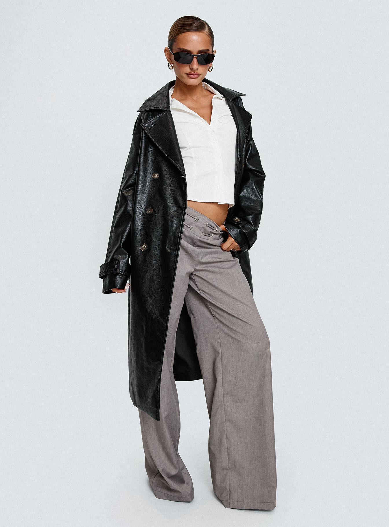 Think Later Faux Leather Trench Coat Black、mySite、solidvoid