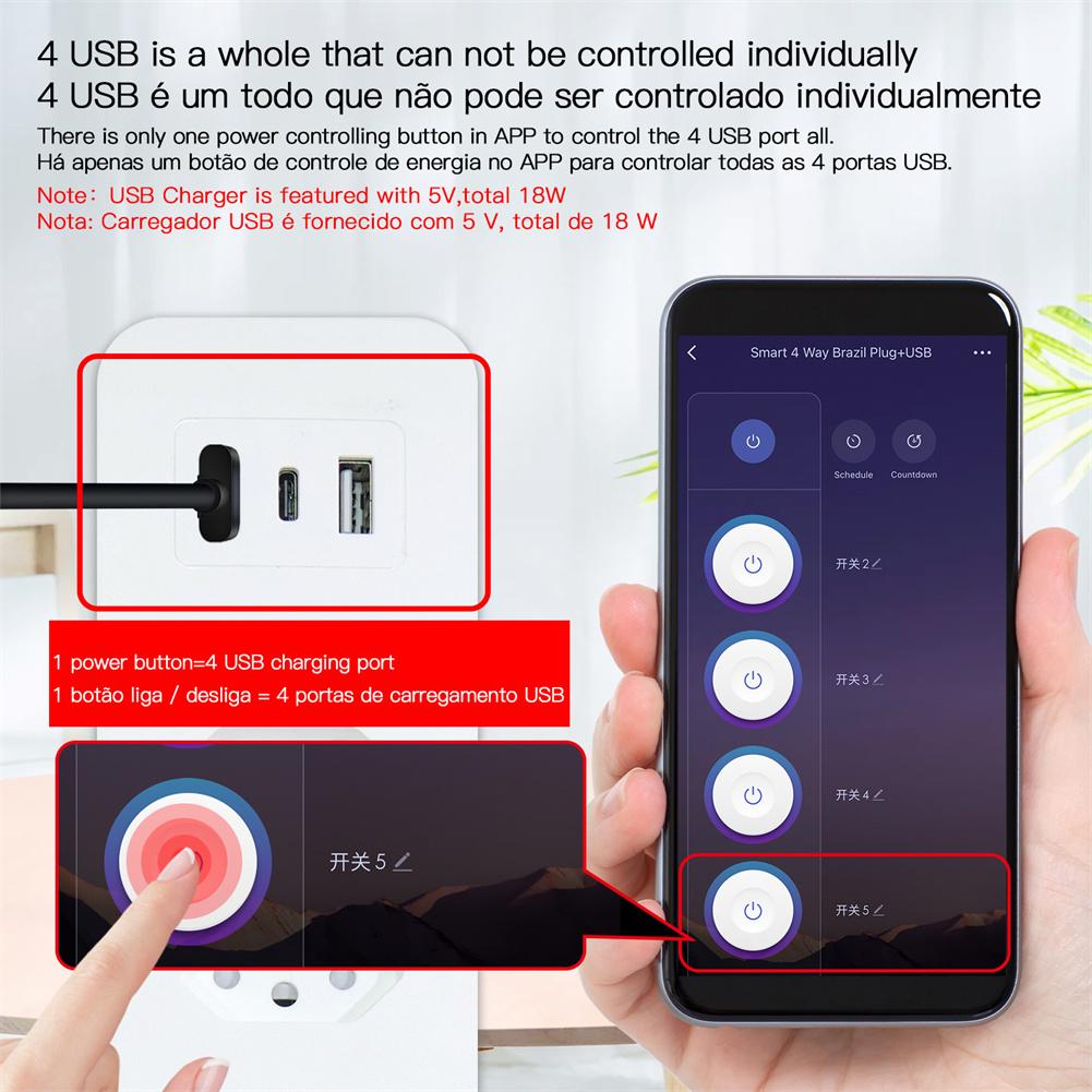 WiFi Smart Power Strip Surge Protector 4 Plug Outlets Electric Socket with USB/Type C Brazil Version、mySite、fannypackpong