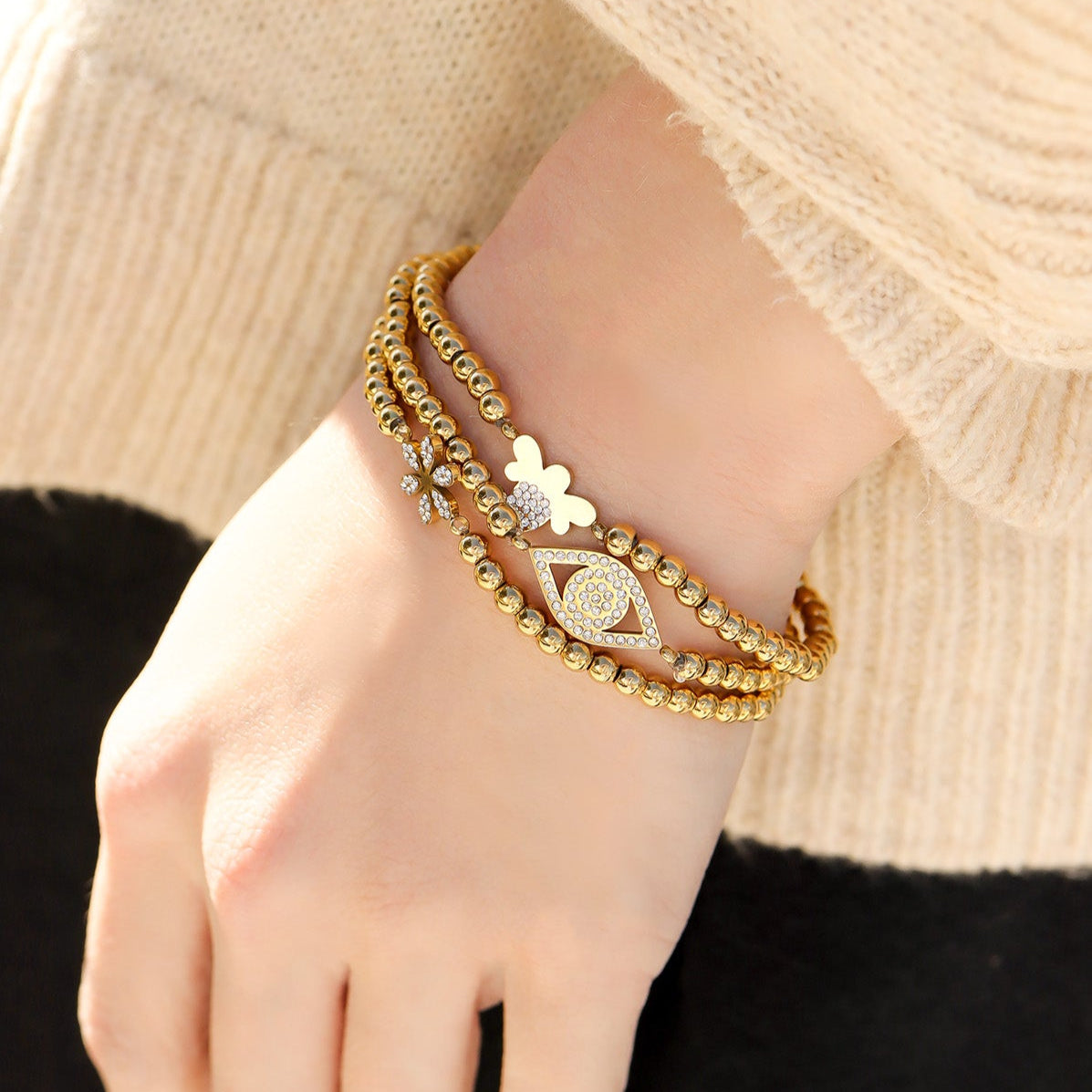 18K Gold PVD Stainless Steel Stone Bee Metal Beaded Stretch Bracelet / BRJ1022、mySite、dreamappss