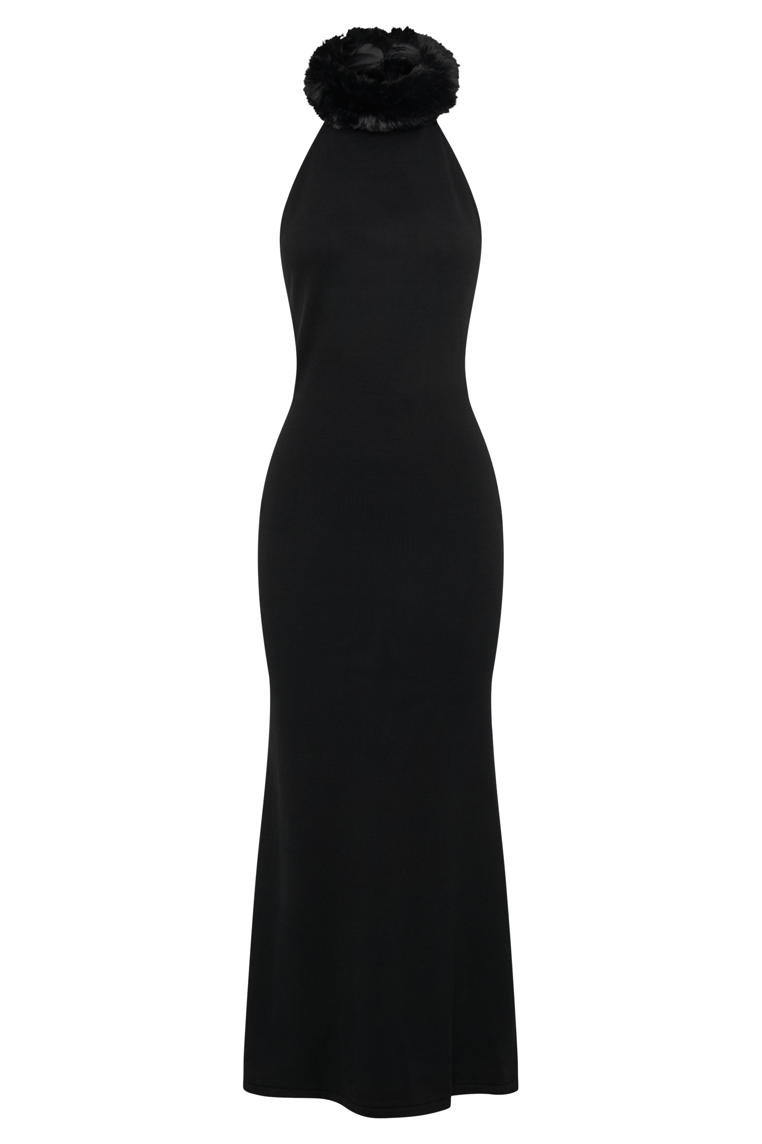 Elva Halter Knit Maxi Dress With Faux Fur - Black、mySite、solidvoid