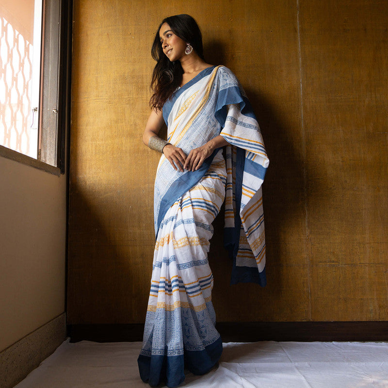 Cotton Printed Saree | Hand Block Print | White & Blue、mySite、camillekostekn