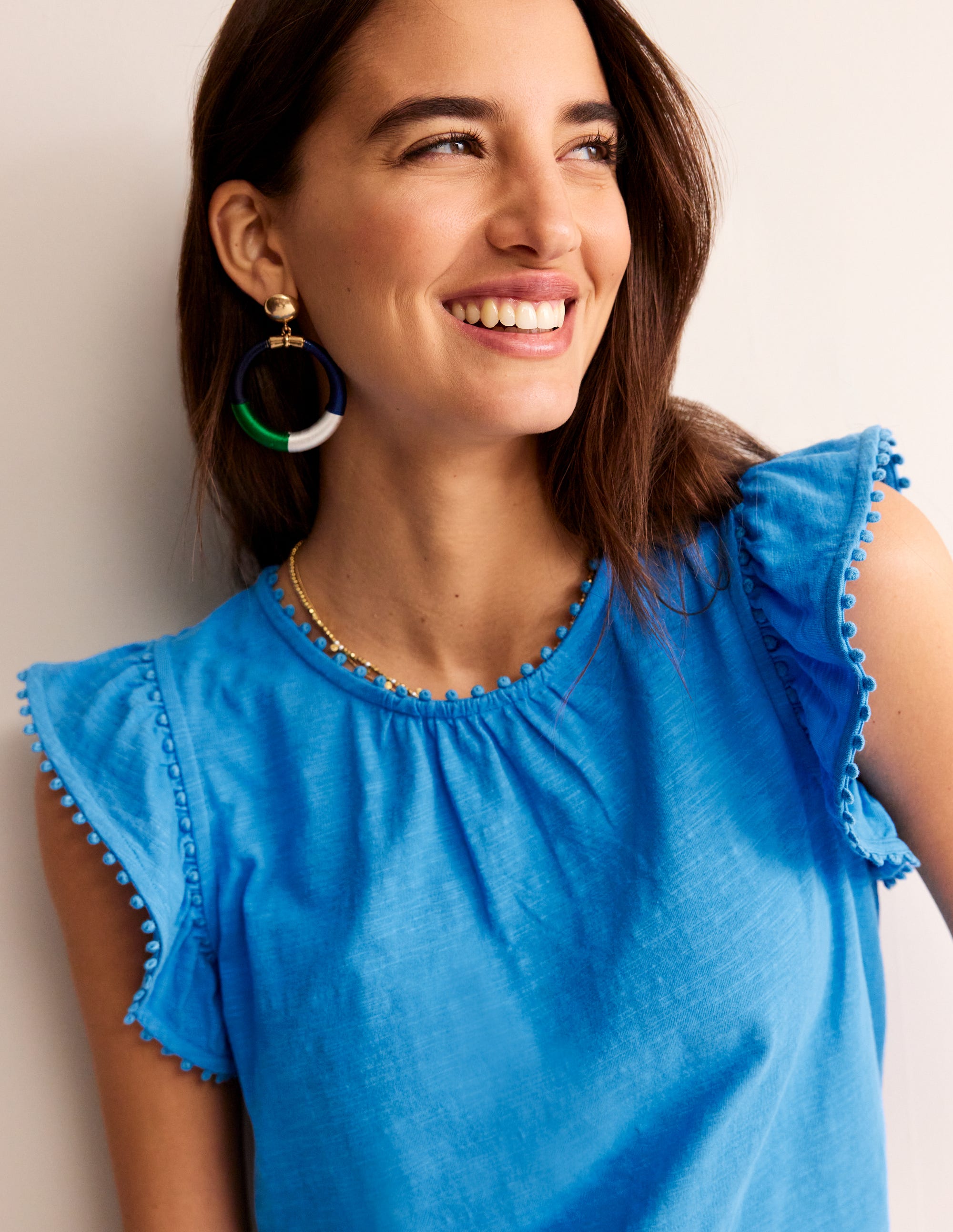  Pom Trim Ruffle Sleeve Top-Brilliant Blue、mySite、ashleygrahame