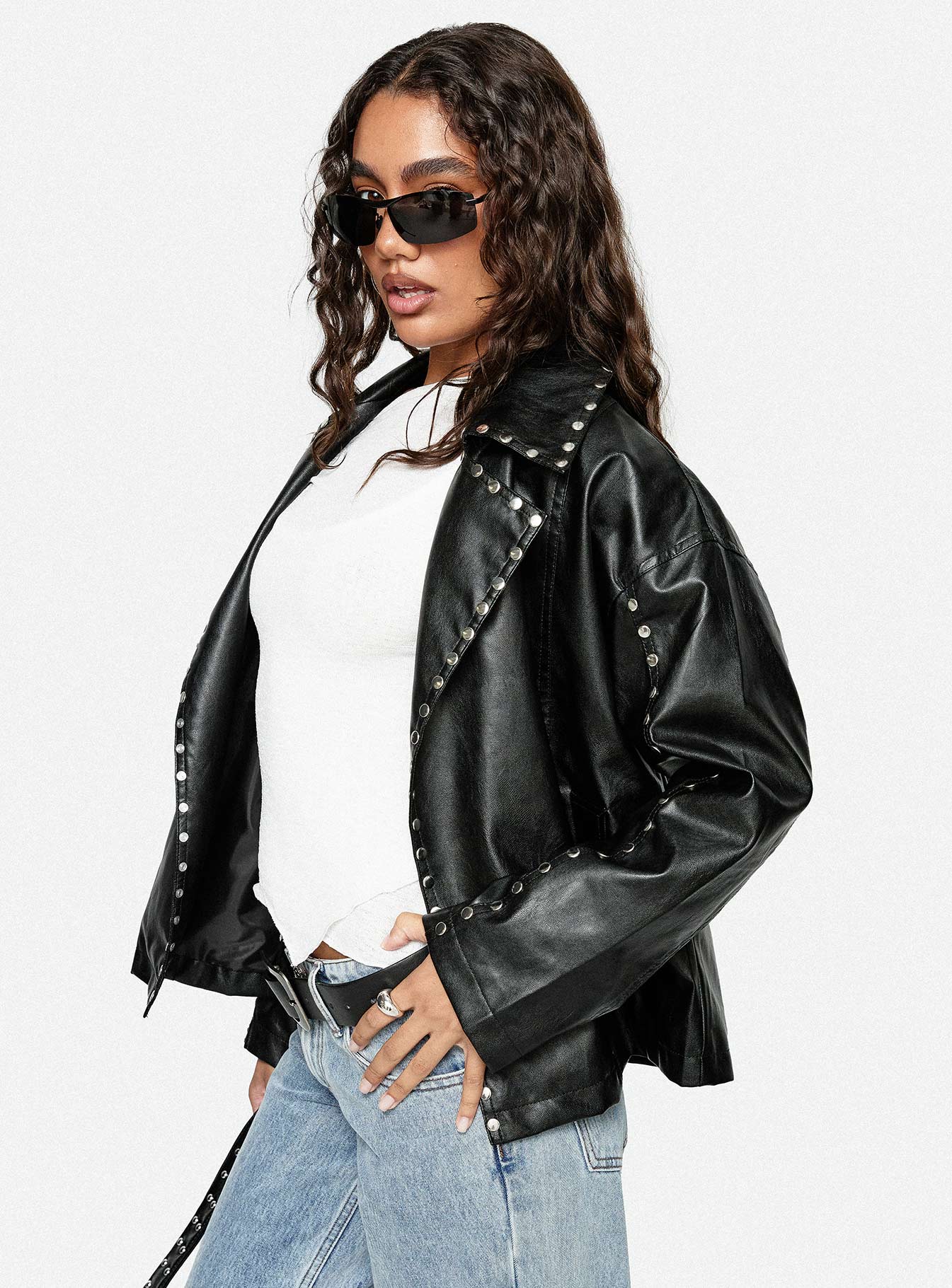 Kaeden Faux Leather Stud Detail Biker Jacket Black、mySite、solidvoid