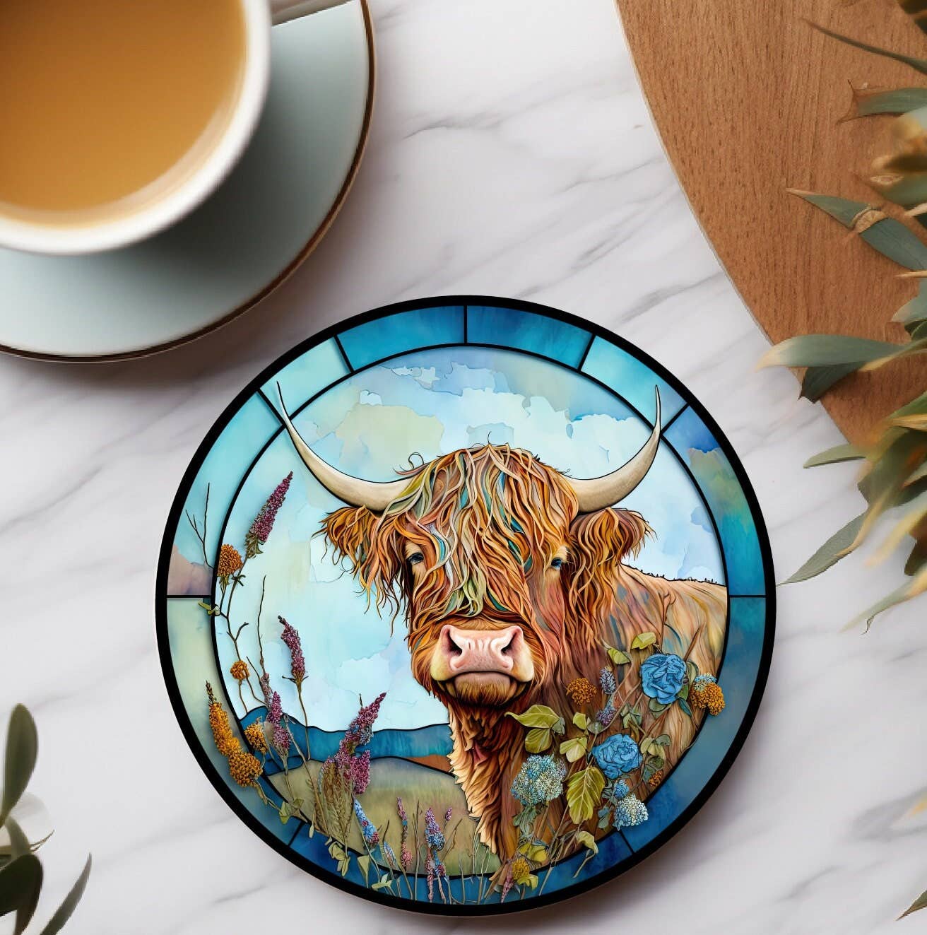 Colorful Highland Cow Ceramic Coaster with Stained Glass Motif Handmade in the USA、mySite、g9winljtr