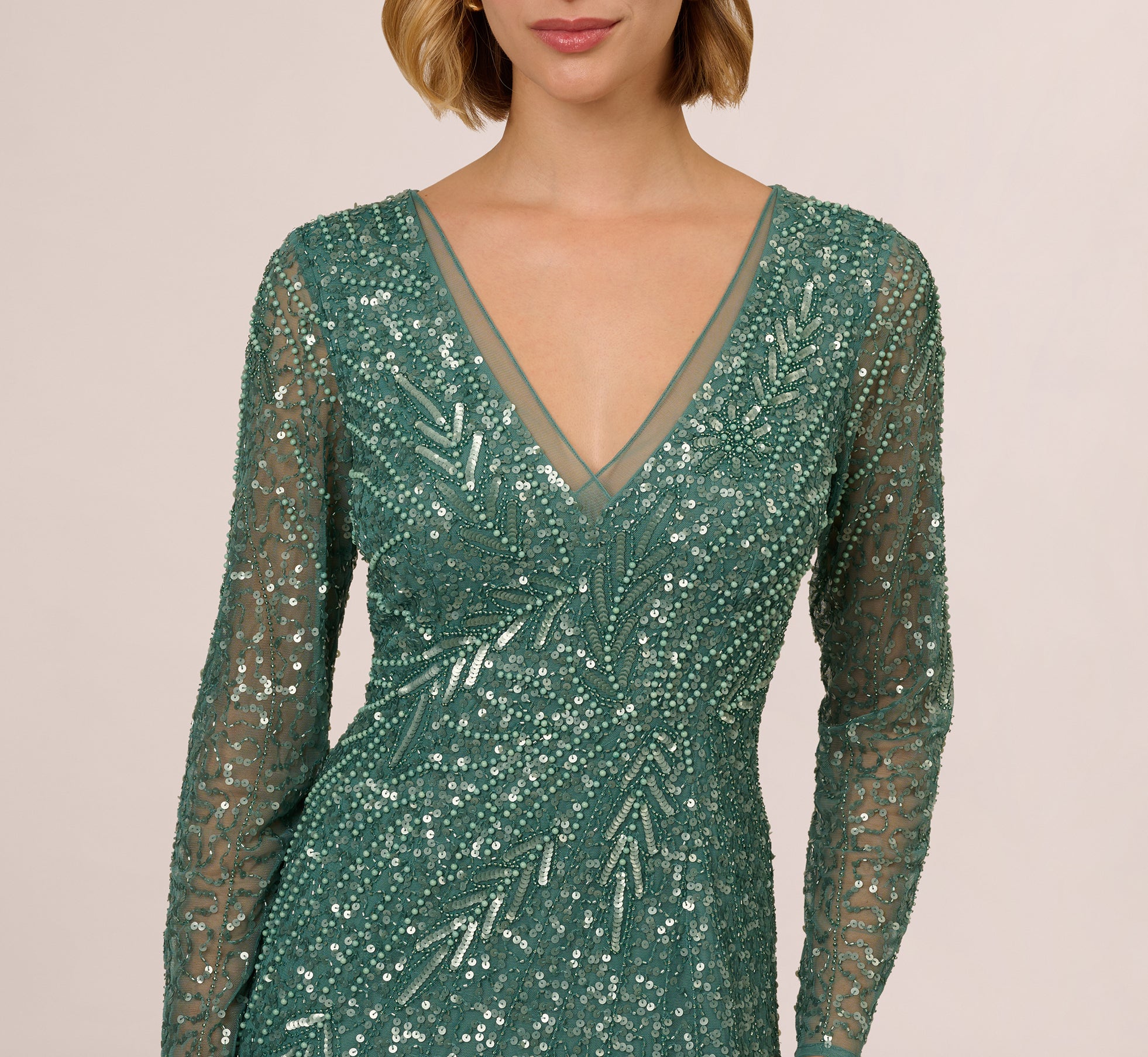 Long Sleeve Beaded Full Length Dress In Green Slate、mySite、solidvoid