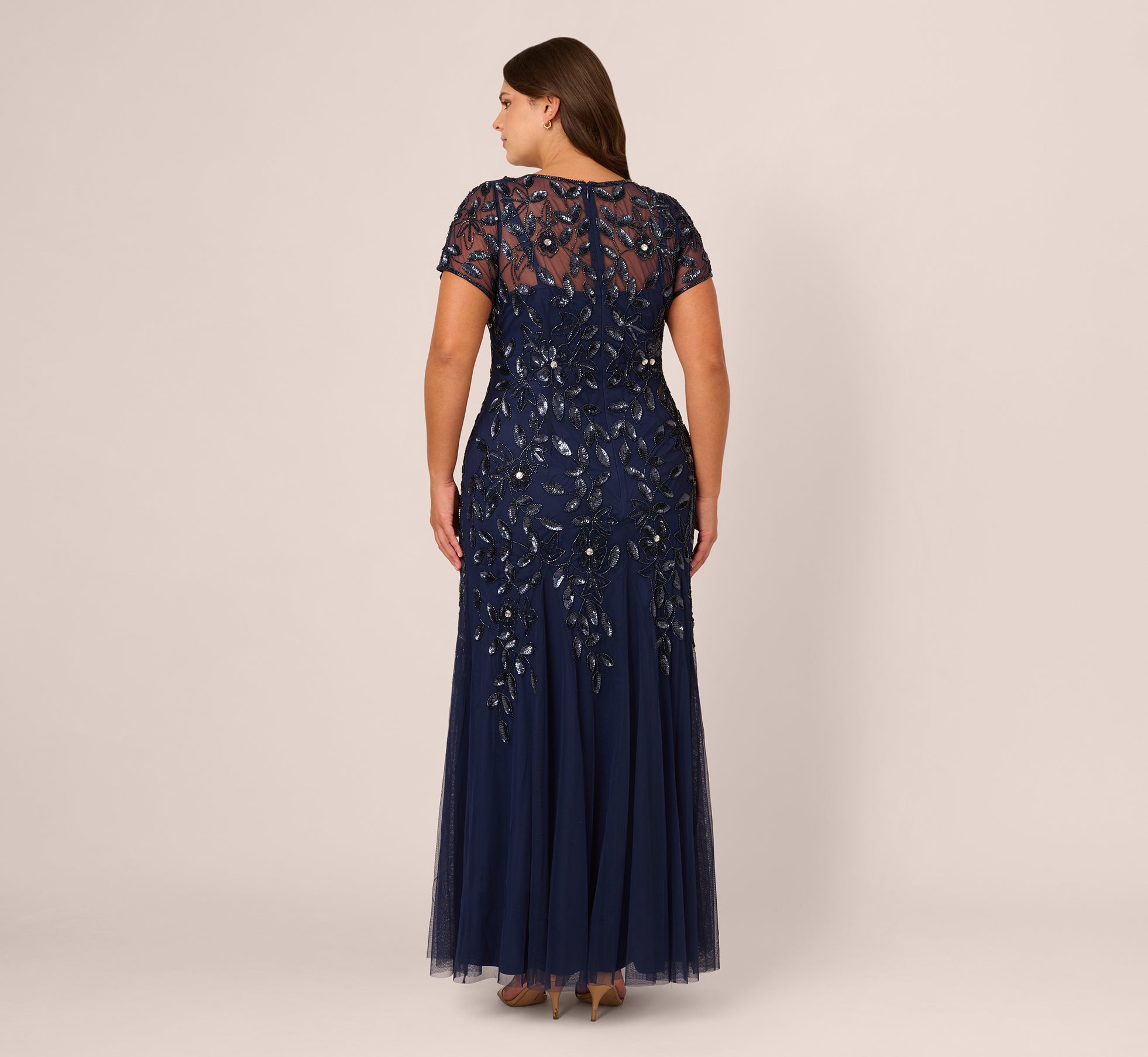 Plus Size Hand Beaded Short Sleeve Floral Godet Gown In Light Navy、mySite、solidvoid