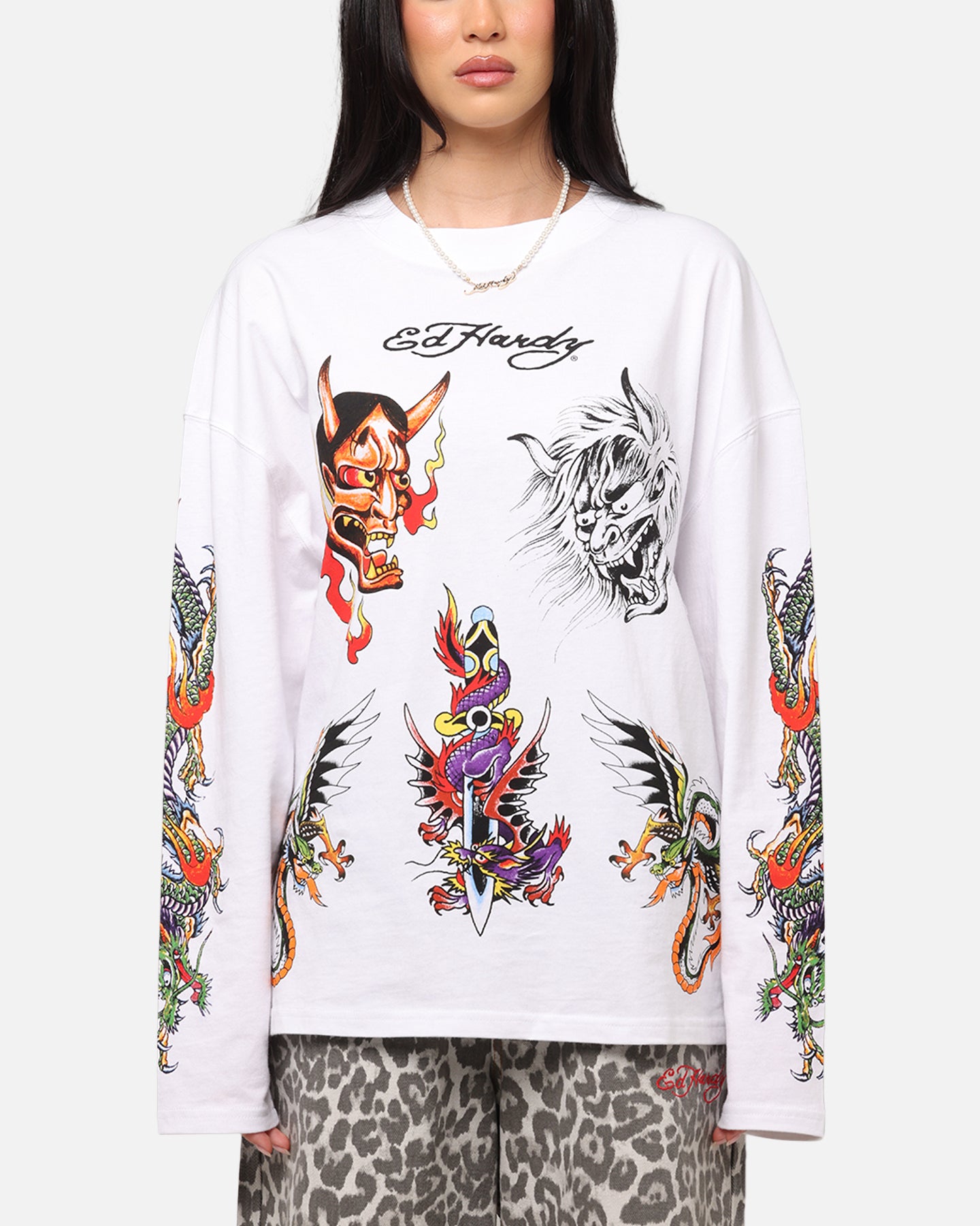 Ed Hardy Ed's Tattooing Long Sleeve T-Shirt Off White、mySite、zt4zffjzw