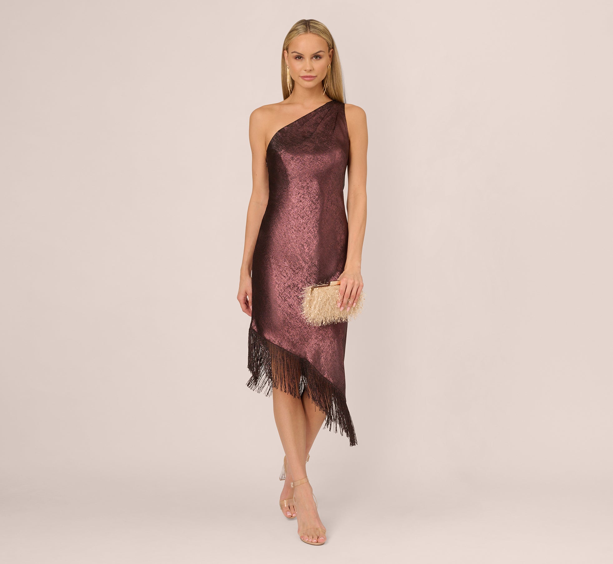 Foiled One Shoulder Asymmetrical Dress With Fringe Hem In Blackened Red、mySite、solidvoid