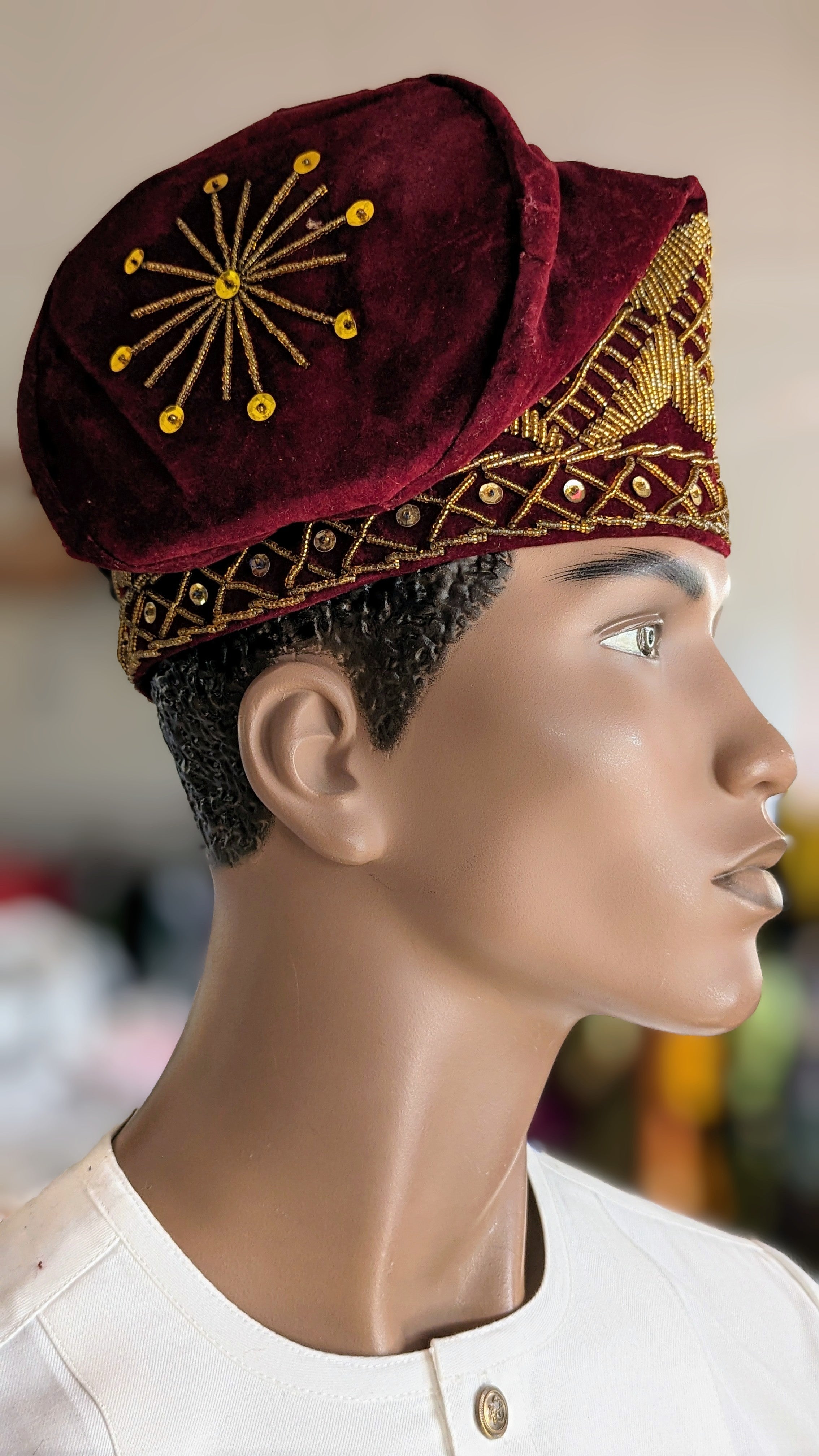 Dupsie's Zamani Burgundy Velvet Fila Cap Kufi hat with Gold embroidery DPHVHBG3、mySite、solidvoid