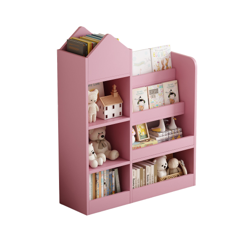 Pink Kids Wooden Bookshelf Toy Storage Organizer with Bookcase, Kid's Bin Storage Unit with 6 Compartments 2 Baskets Bins Toys Box Organizer, Children Multi Shelf Cubby for Books, Toys Shelf、、casual
