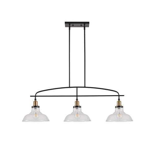 45" Industrial 3-Light Pendant Chandelier with Clear Glass Shades, Black Metal Frame, Adjustable Height, Modern Farmhouse Lighting for Kitchen Island, Dining Room, or Living Room (Bulb Not Included)、、eastwooduniform
