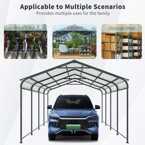 12 X 32 FT Carport, Heavy Duty Carport with Galvanized Steel Roof and Frame, Metal Carport Large Garage with 4 Fixed inclined square tube supports for Driveway Car, Truck、、eastwooduniform