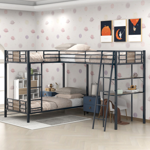 L-Shaped Twin over Twin Bunk Bed with Twin Size Loft Bed with Desk and Shelf ,Brown、、casual