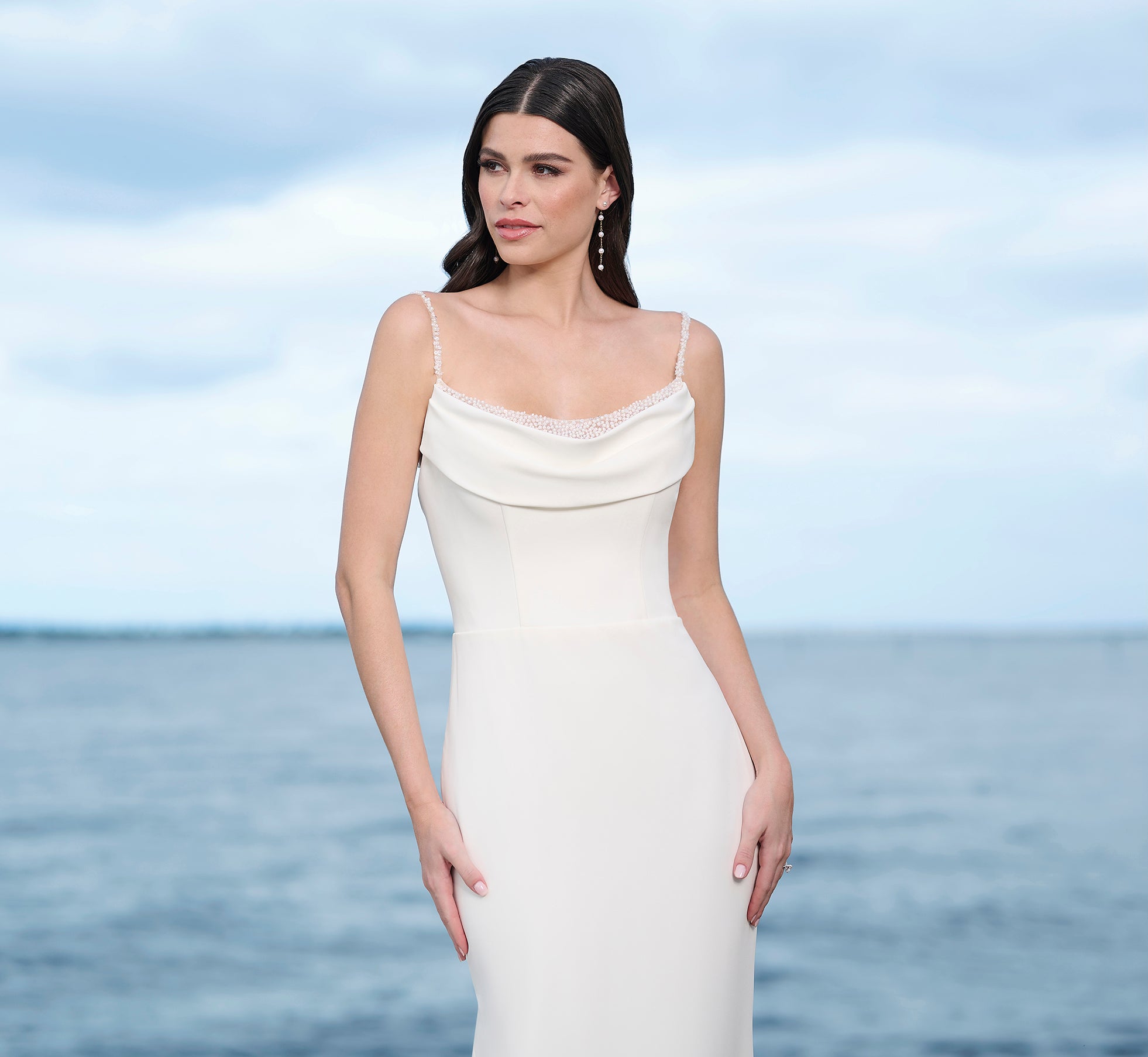 Stretch Crepe Gown With Cowl Drapes In Ivory Nude、mySite、solidvoid