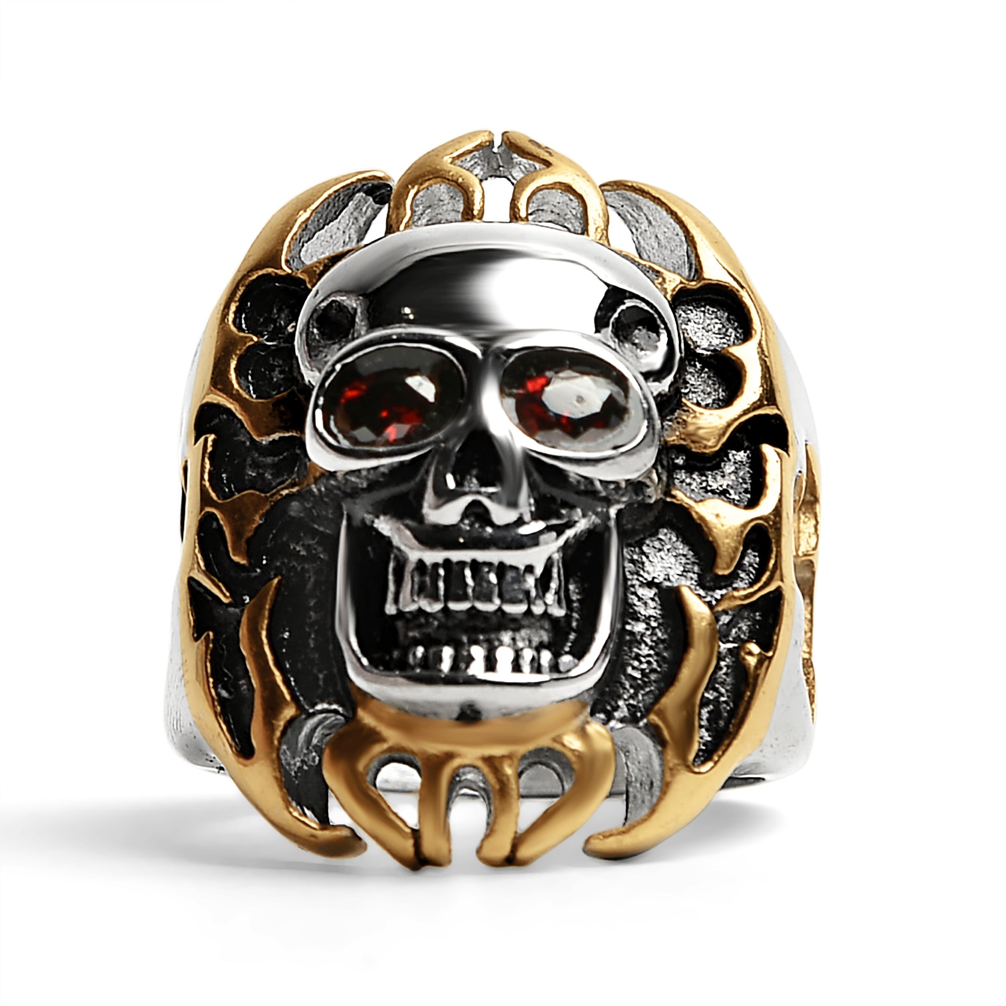 Stainless Steel Red CZ Eyed Flaming Skull With 18K Gold PVD Coated Accents Ring / SCR0250、mySite、dreamappss
