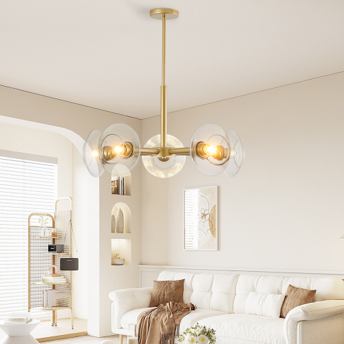 26" Modern Gold 5-Light Sputnik Chandelier with Clear Glass Shades, Mid-Century Hanging Pendant Light Fixture for Dining Room, Living Room, or Kitchen (Bulb Not Included)、、eastwooduniform