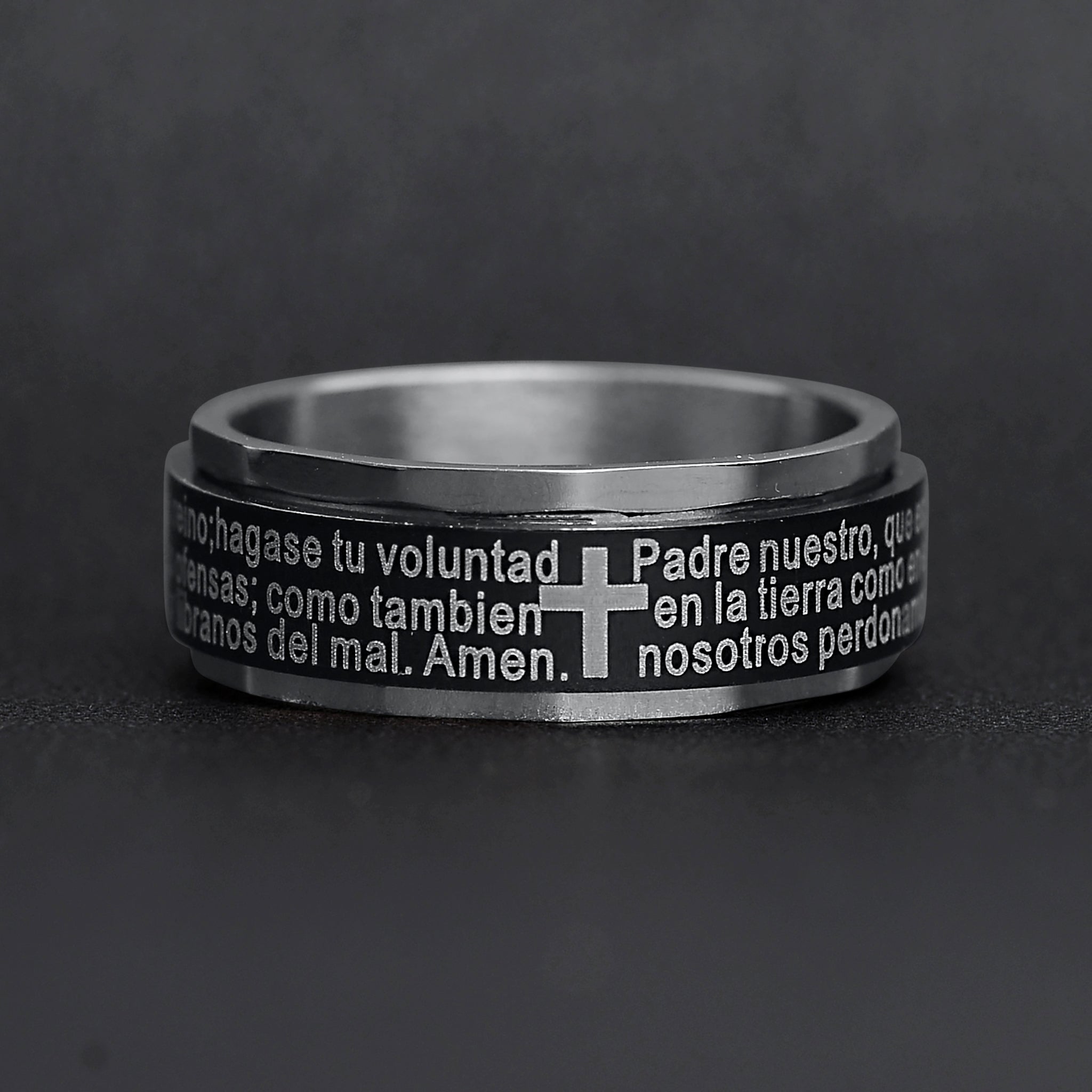 Black Stainless Steel Spanish Lord's Prayer Center Spinner Ring / SRJ1009、mySite、dreamappss
