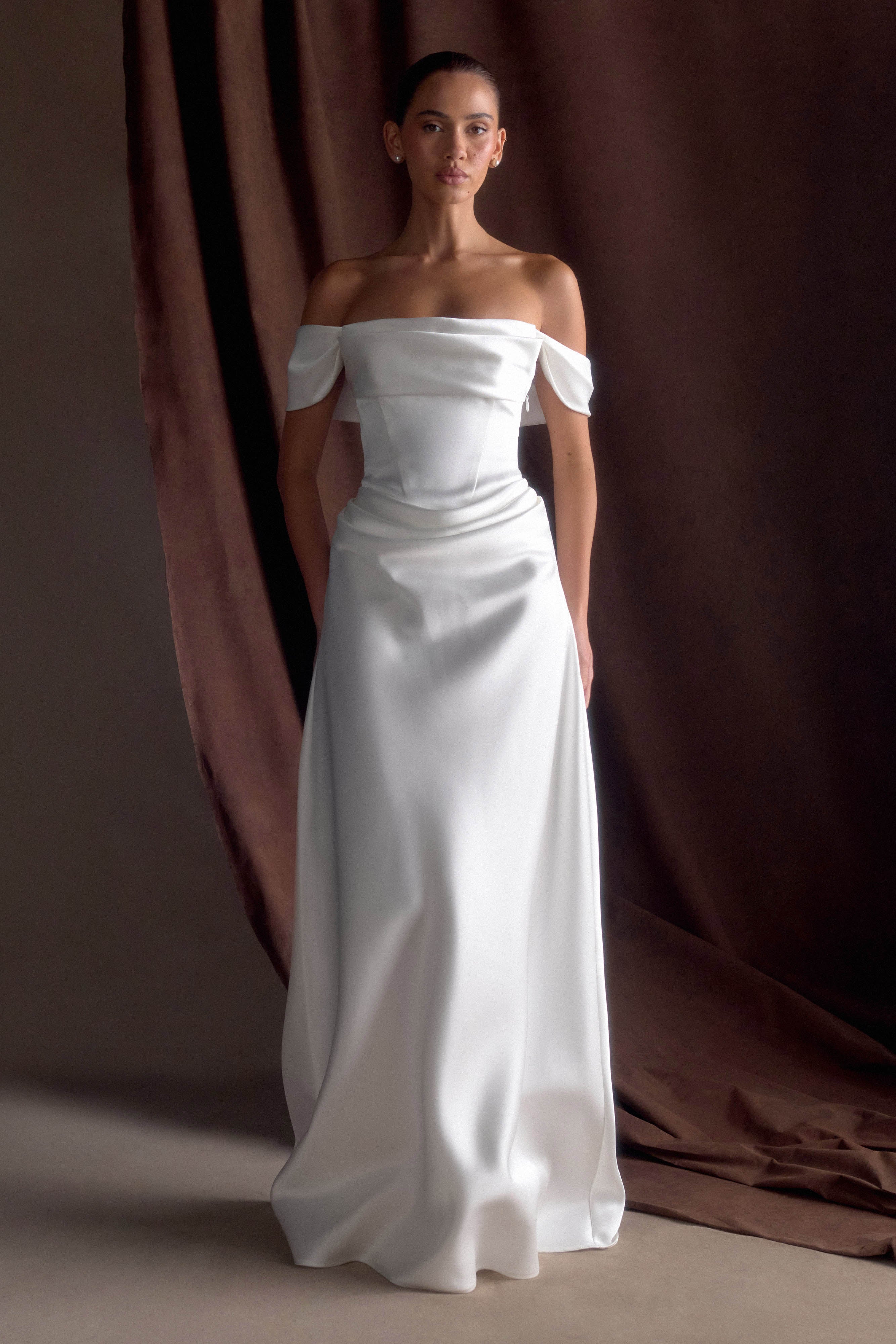 Luna Satin Off Shoulder Gown - White、mySite、solidvoid