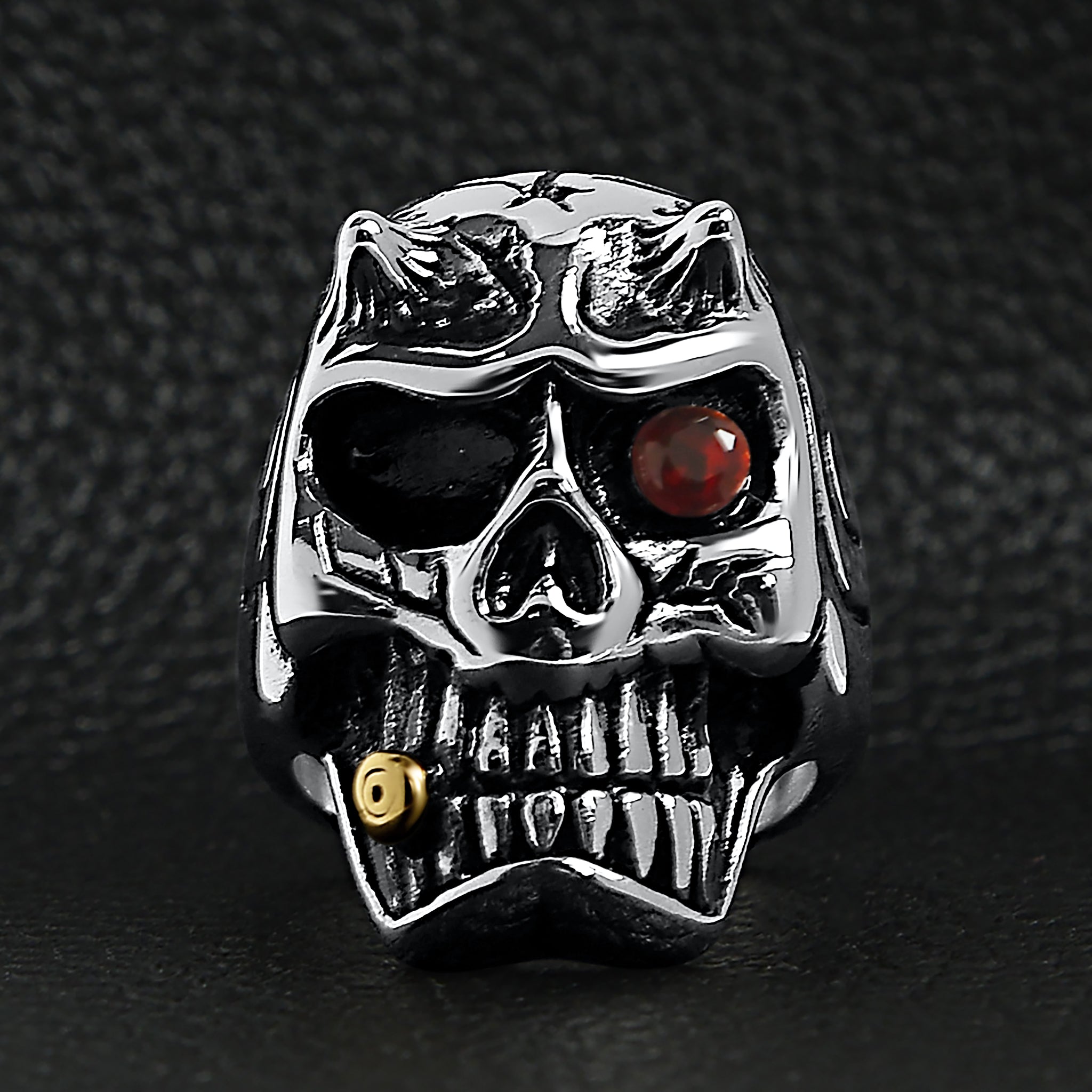 Stainless Steel Devil Skull With Red CZ Eye Smoking 18K Gold PVD Coated Cigar Ring / SCR4084、mySite、dreamappss