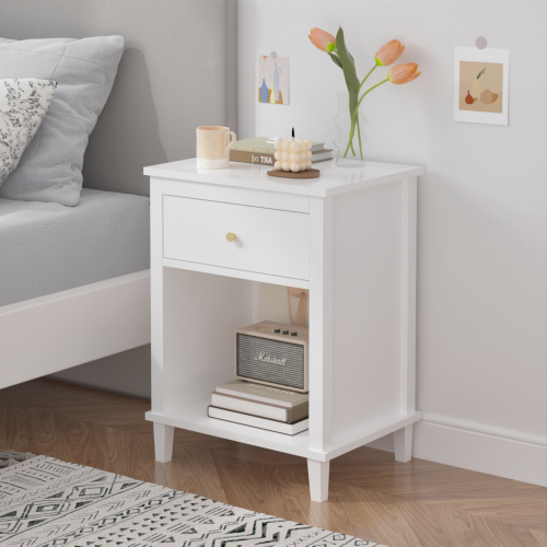 26.77''H Wooden Nightstand with One Drawer One Shelf for Kids, Adults, White+Golden handle、、casual