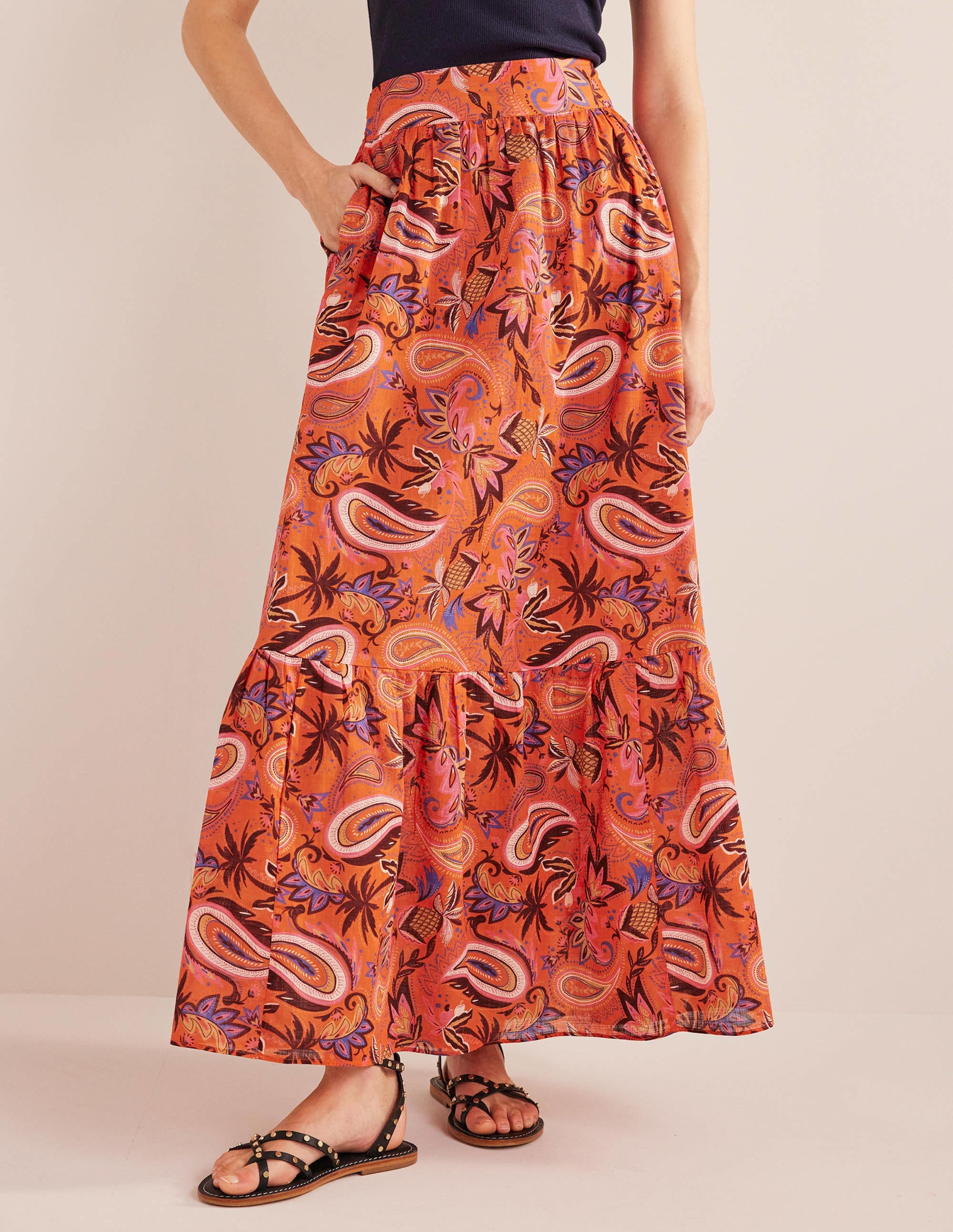  Tiered Cotton Maxi Skirt-Coral, Paradise Paisley、mySite、ashleygrahame
