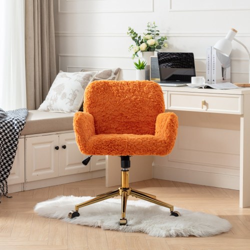 A&A Furniture Office Chair,Artificial rabbit hair Home Office Chair with Golden Metal Base,Adjustable Desk Chair Swivel Office Chair,Vanity Chair(Orange)、、casual