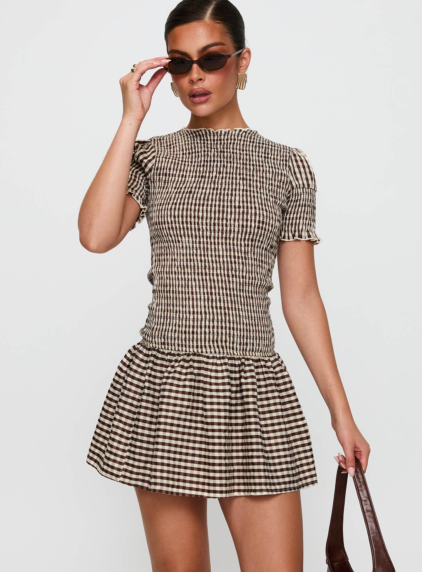 Laurita Shirred Mini Dress Brown Check、mySite、solidvoid