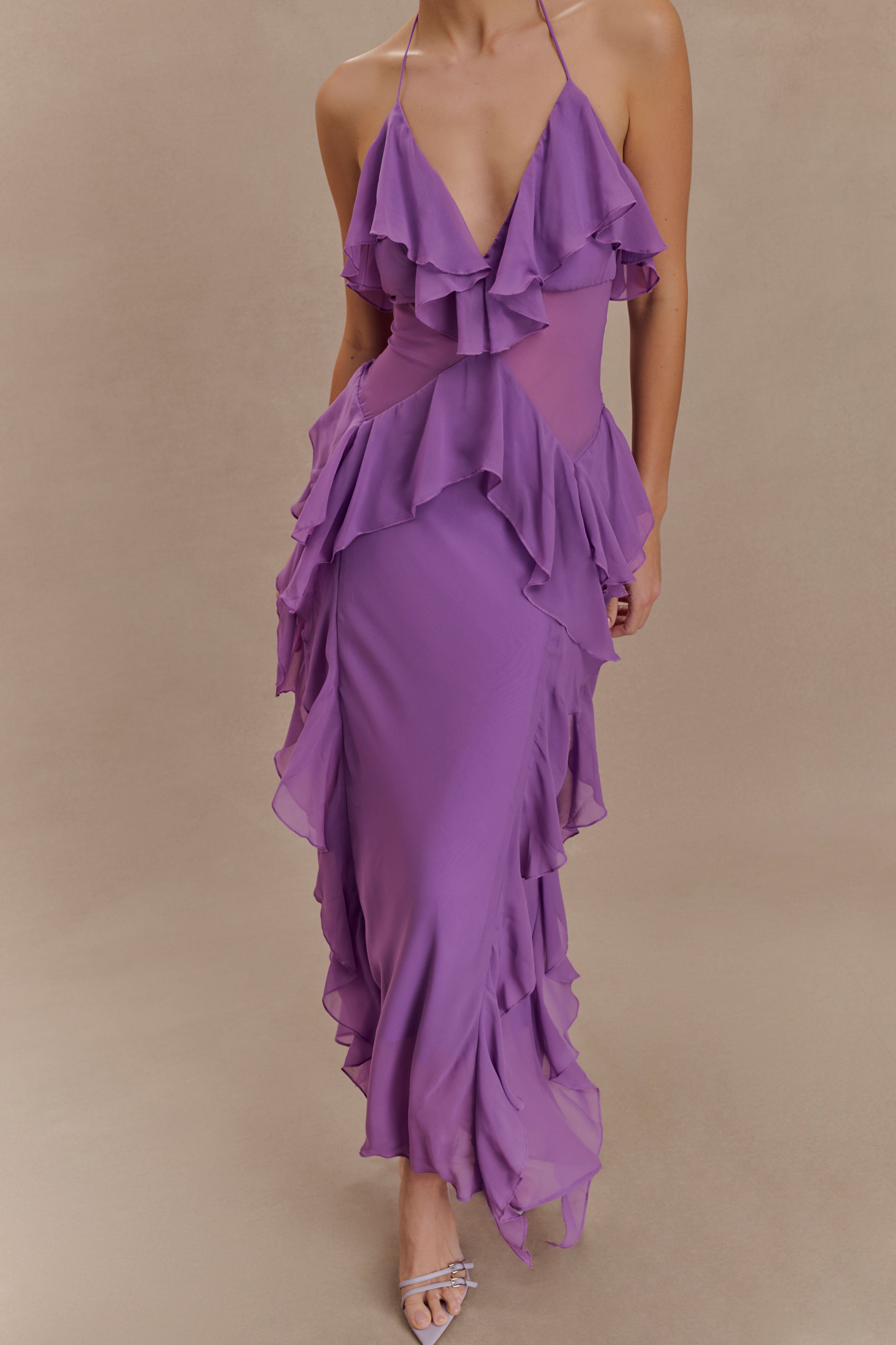 Aleyna Chiffon Ruffle Midi Dress - Purple、mySite、solidvoid