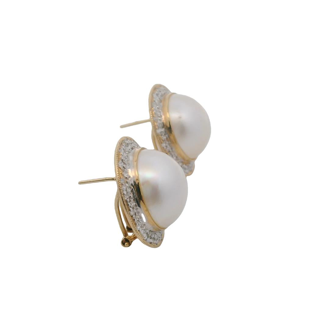  Estate 14K Yellow Gold 13.2mm Mabe Pearl & Diamond Halo Stud Earrings
