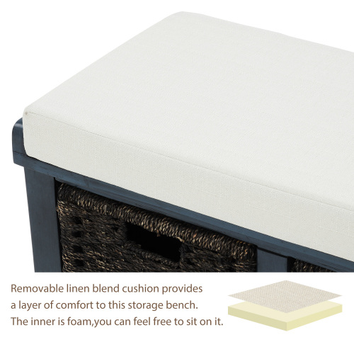 TREXM Rustic Storage Bench with 3 Removable Classic Rattan Basket , Entryway Bench with Removable Cushion (White Washed)、、casual