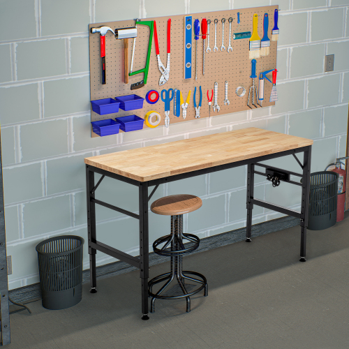Adjustable Height Workbench, 60" Rubber Wood Top Heavy duty Workstation with Power Outlets, 2000 LBS Load Capacity Hardwood Worktable for Workshop, Garage, Office, Home, Commercial、、casual