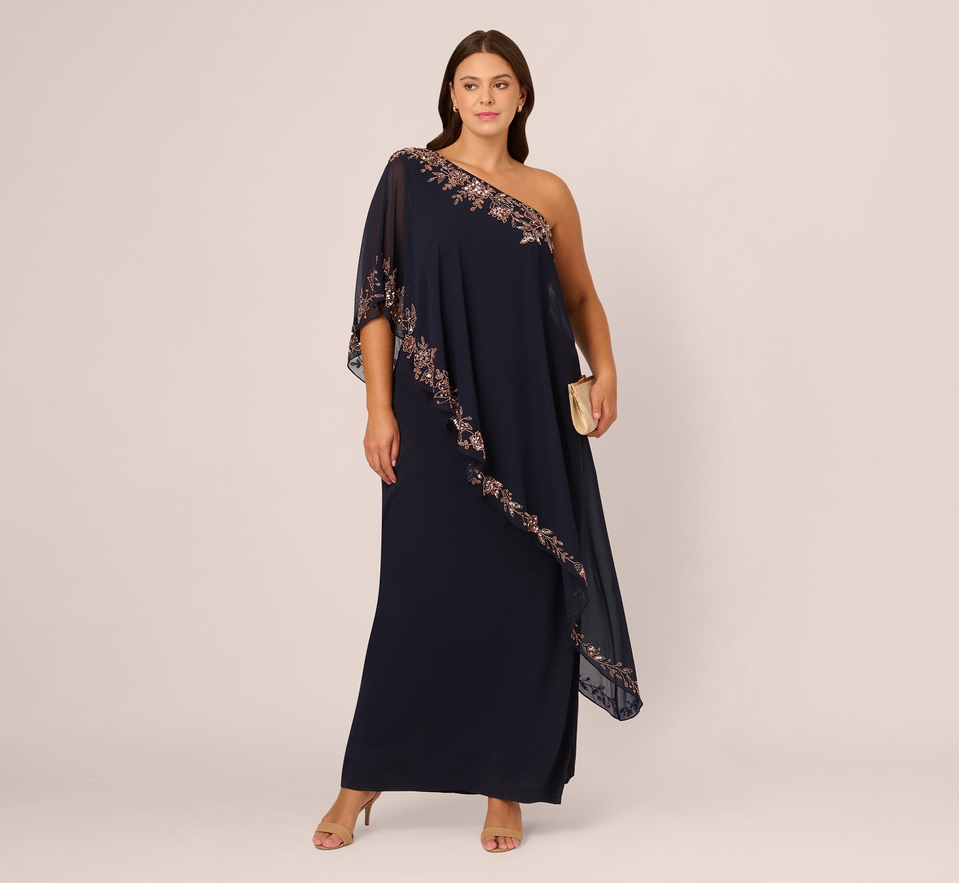 Plus Size One Shoulder Bead Chiffon Cape Dress In Navy Rosegold、mySite、solidvoid
