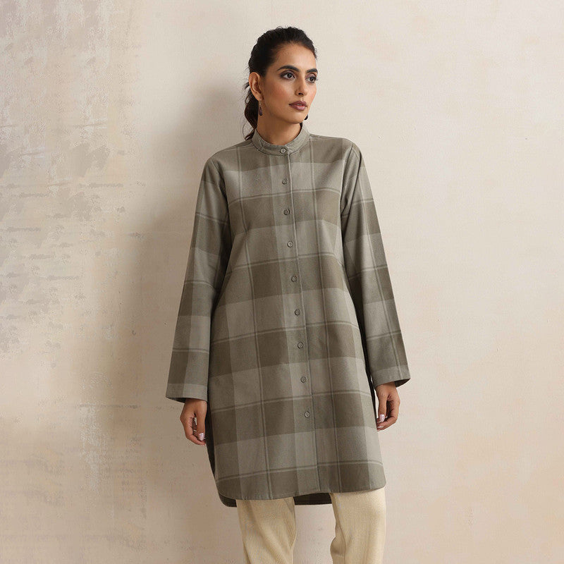 Cotton Short Kurta For Women | Mandarin Collar | Checkered Print | Green、mySite、camillekostekn