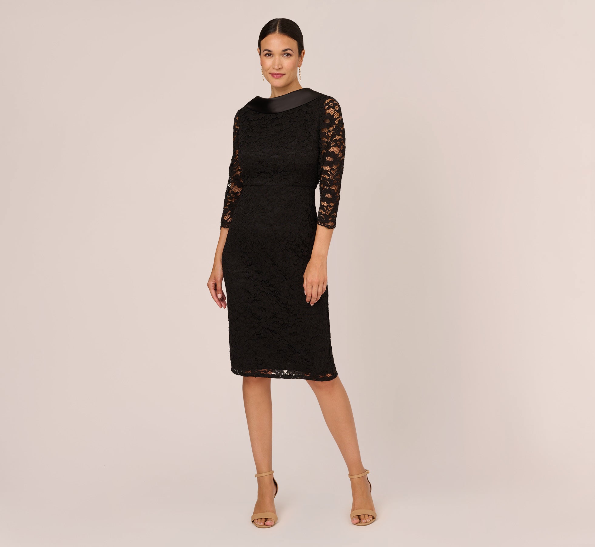 Roll Neck Lace Dress With Sheer Elbow Sleeves In Black、mySite、solidvoid
