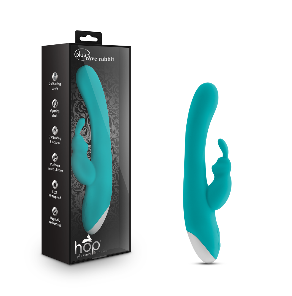 Hop By Blush® | Rave Rabbit Plus G-Spot + Clitorial Stimulating Aquamarine 8-Inch Ultrasilk Silicone Rechargeable Rabbit Vibrator、mySite、bottomscart