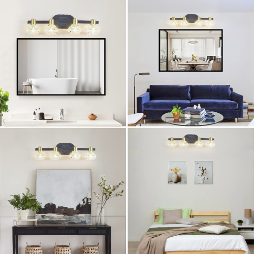 24" Vintage 4-Light Wall Sconce with Clear Crystal Shades, Black Iron Finish Vanity Light Fixture for Bathroom or Hallway (No Bulbs)、、eastwooduniform