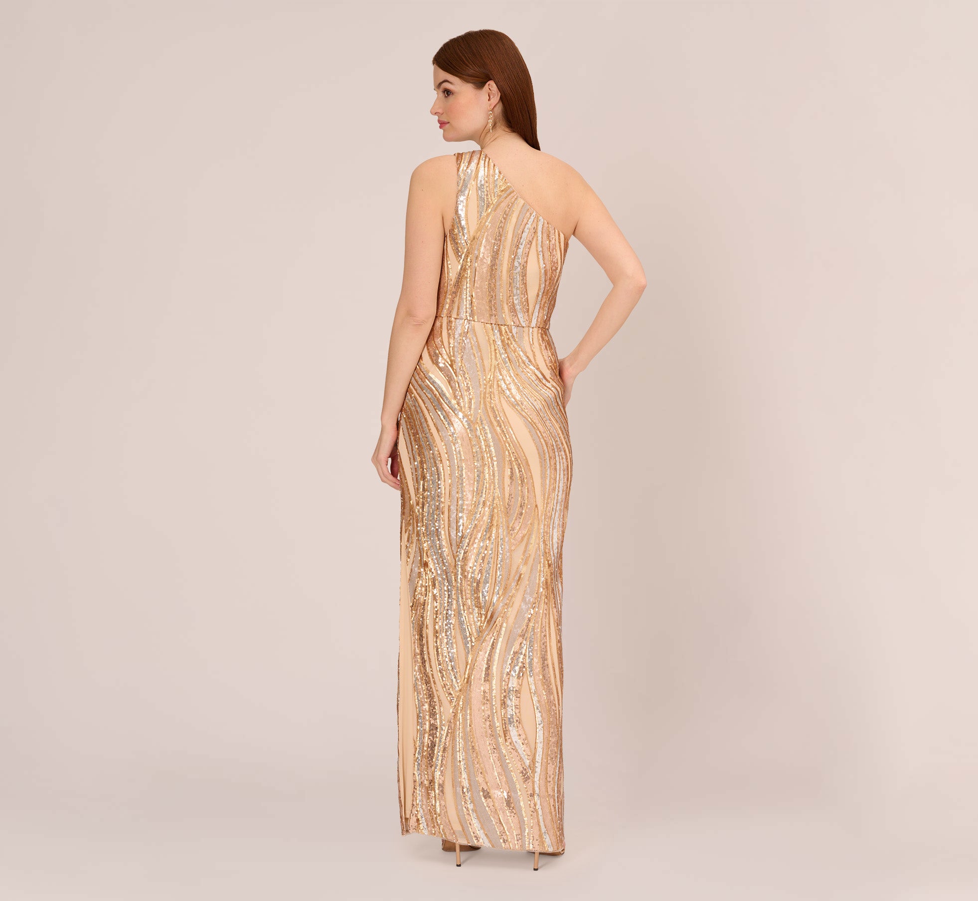 One Shoulder Abstract Sequin Gown In Champagne Gold Multi、mySite、solidvoid