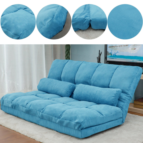 Double Chaise Lounge Sofa Floor Couch and Sofa with Two Pillows (Blue)、、casual