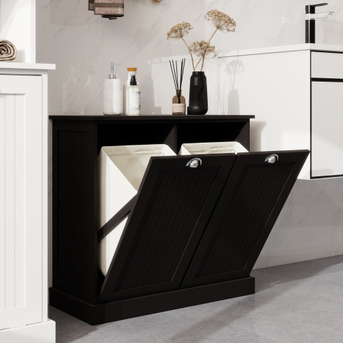 Two-Compartment Tilt-Out Laundry Sorter Cabinet-White、、casual