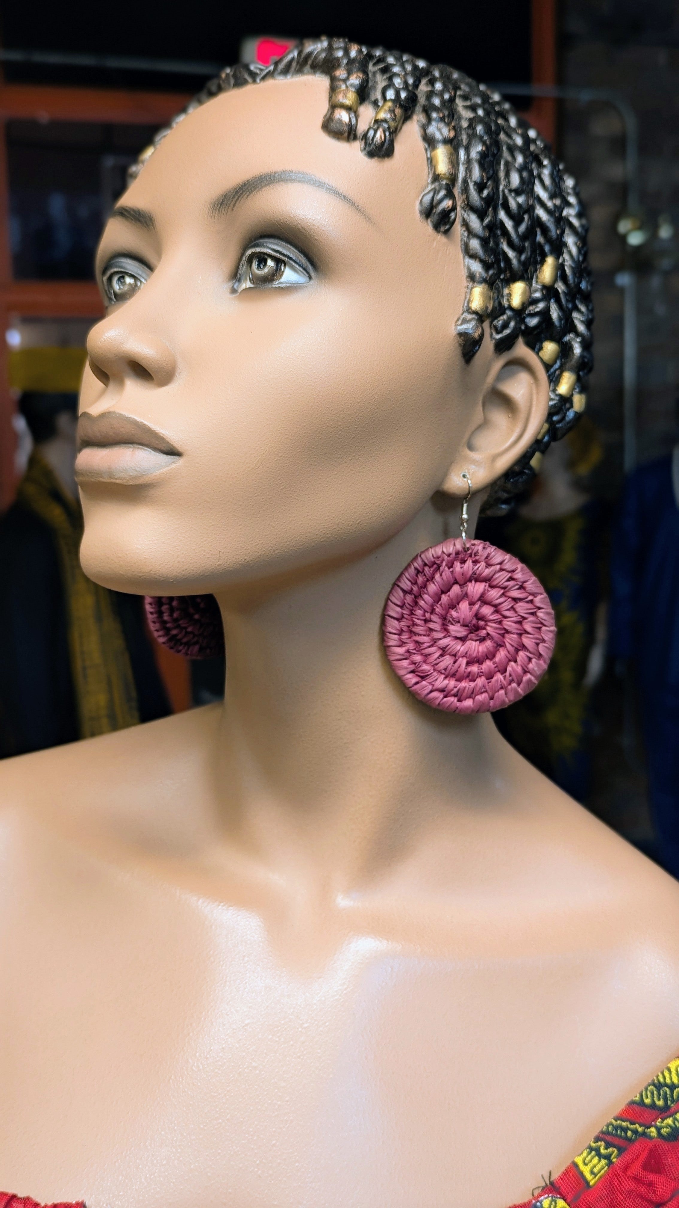 Dupsie's Masai Moyo Wine African Raffia Circular Hook Earrings DPJAERW5、mySite、solidvoid