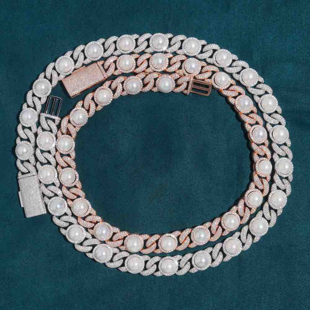 10MM Iced Out Pearl Cuban Link Chain 14K Gold、mySite、hinf8tx79