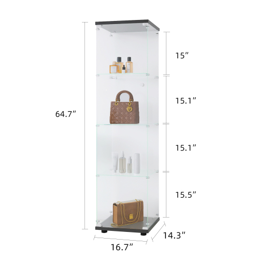 Glass Display Cabinet 4 Shelves with Door, Floor Standing Curio Bookshelf for Living Room Bedroom Office, 64.7"*16.7"*14.3", Black、、casual